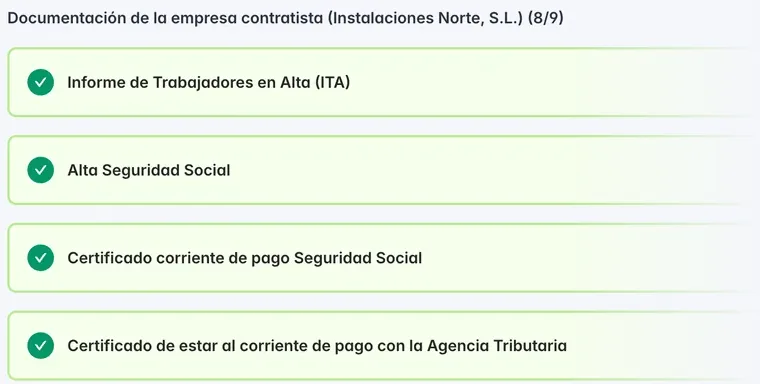 Documentación de una contrata con cada documento en verde