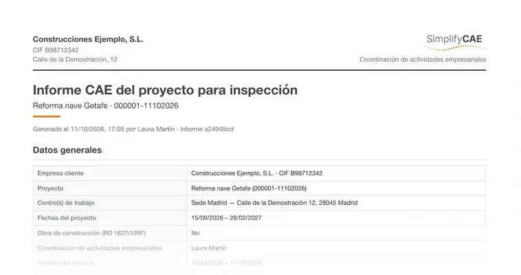 Primera página del informe CAE del proyecto para inspección